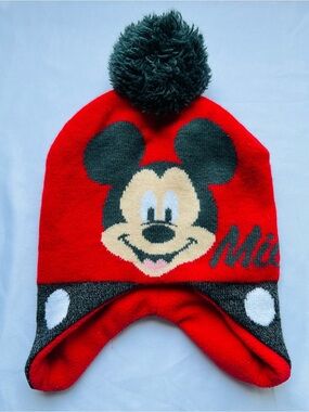Disney Junior Mickey Mouse Kids Red Trapper Beanie Pom Pom One Size